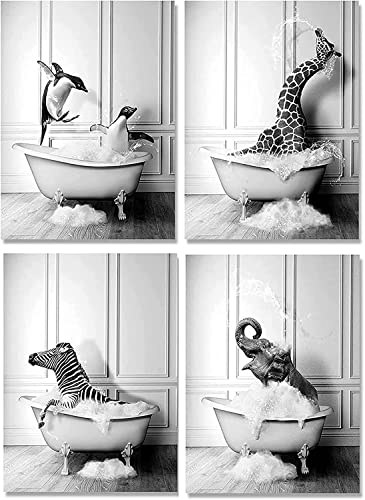 HMDKHI Badezimmer Leinwand Bilder Set,Tier Schwarz Weiß Wand Kunst Drucke, Lustig Elefant Zebra Pinguine Giraffe Tier In Der Badewanne Bilder - Rahmenlos (20X30cm*4PCS) von HMDKHI