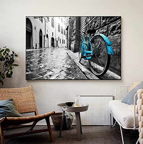 HMDKHI Fahrrad Druck Wandbild Retro Städtische Landschaft Romantische Straße Malerei Grau Ruhige Städtische Landschaft Bild, Rahmenlos (Blaues Fahrrad,50 x 75 cm) von HMDKHI