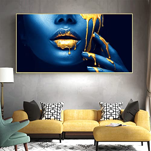 HMDKHI Frau in Gold,Top-Model,Goldene Rose,Gold Lippen Blaue Frau Wand-Bilder,Moderne Wand Gold Collection Dekoration,Rahmenlos (60 x 120 cm,Blau+Gold) von HMDKHI