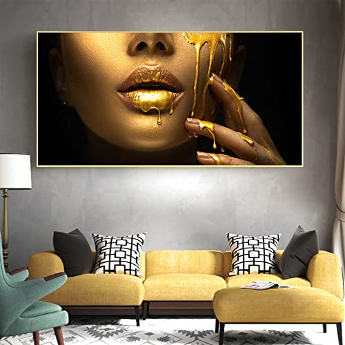 HMDKHI Frau in Gold,Top-Model,Goldene Rose,Gold Lippen Blaue Frau Wand-Bilder,Moderne Wand Gold Collection Dekoration,Rahmenlos (60 x 120 cm,Gold) von HMDKHI