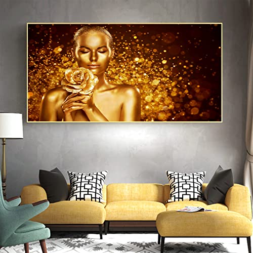 HMDKHI Frau in Gold,Top-Model,Goldene Rose,Gold Lippen Blaue Frau Wand-Bilder,Moderne Wand Gold Collection Dekoration,Rahmenlos (80 x 160 cm,Goldene Rose) von HMDKHI