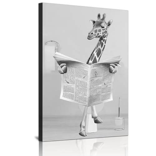Tier Schwarz Weiß Wand Kunst Drucke, Leinwand Badezimmer Bilder Set Lustig Elefant Zebra Pinguine Giraffe Tier In Der Badewanne Bilder Badezimmer Deko - rahmenlos (Giraffe, 60X90cm*1pcs) von HMDKHI