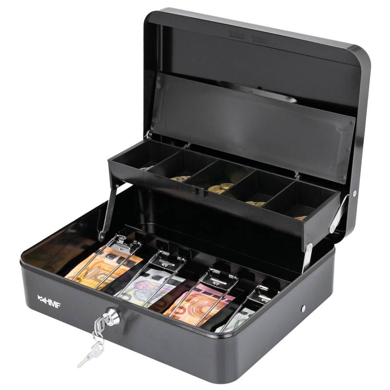 HMF 15230-02 Geldkassette Abschließbar Münzeinsatz 4 Scheinfächer Klammer 30 x 24 x 9 cm Schwarz von HMF