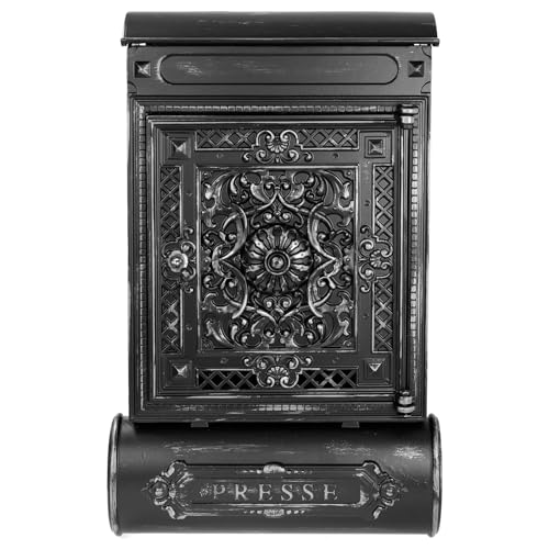 HMF 512-09 Briefkasten Antik mit Zeitungsfach, Vintage Postkasten aus Aluguss | 57 x 35 x 10 cm | Schwarz-Silber von HMF