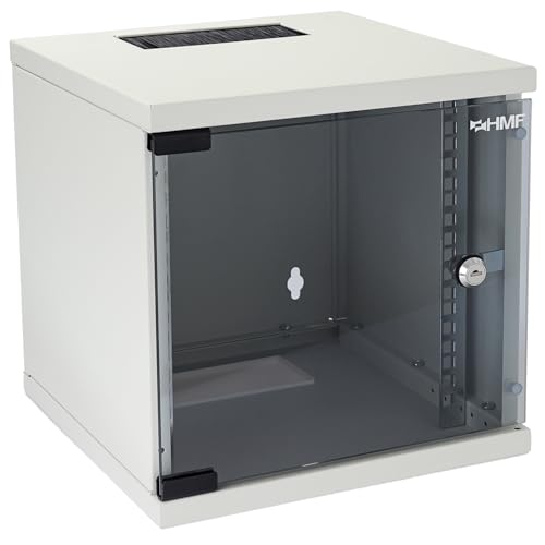 HMF 63406-07 Netzwerkschrank, Serverschrank 10 Zoll | 6 HE | 300 mm Tiefe | Voll montiert | Glastür | Lichtgrau von HMF
