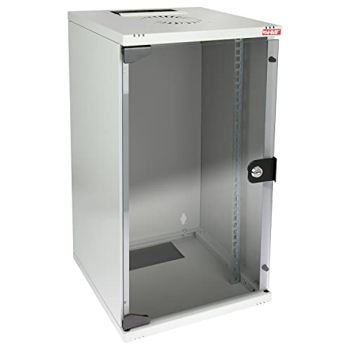 HMF 63412-07 Netzwerkschrank, Serverschrank 10 Zoll | 12 HE | 300 mm Tiefe | Voll montiert | Glastür | Lichtgrau von HMF
