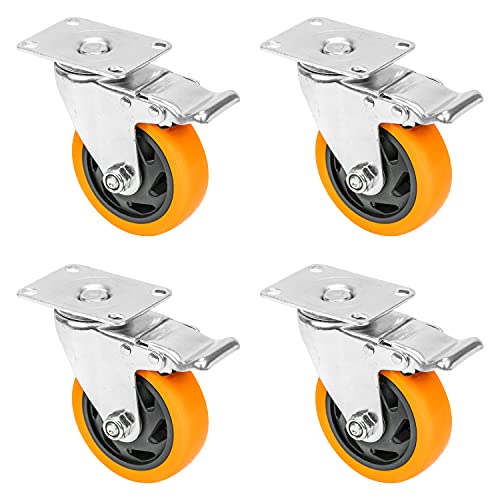 HMF 6710 Schwerlastrollen mit Bremse aus Polyurethan | 4 Stück | 100 mm | bis 460 kg | Orange von HMF