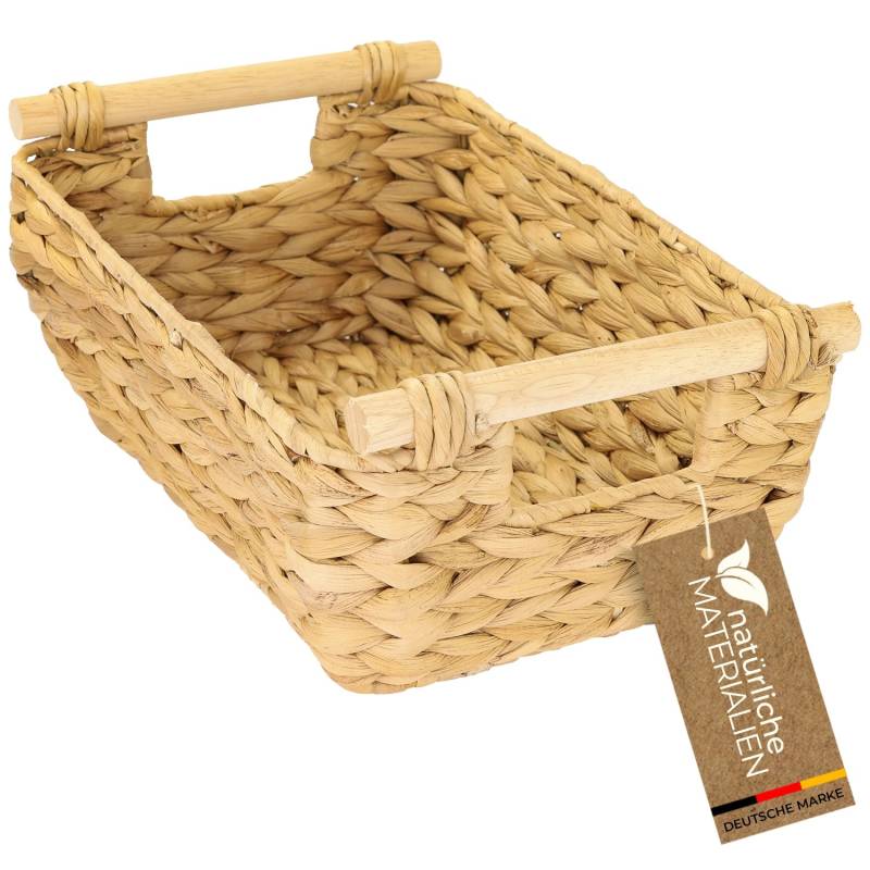 HMF Aufbewahrungskorb Holzgriffen Korb Geflochten Wasserhyazinthe Lang und Bauchig 32 x 22 x 12 cm von HMF