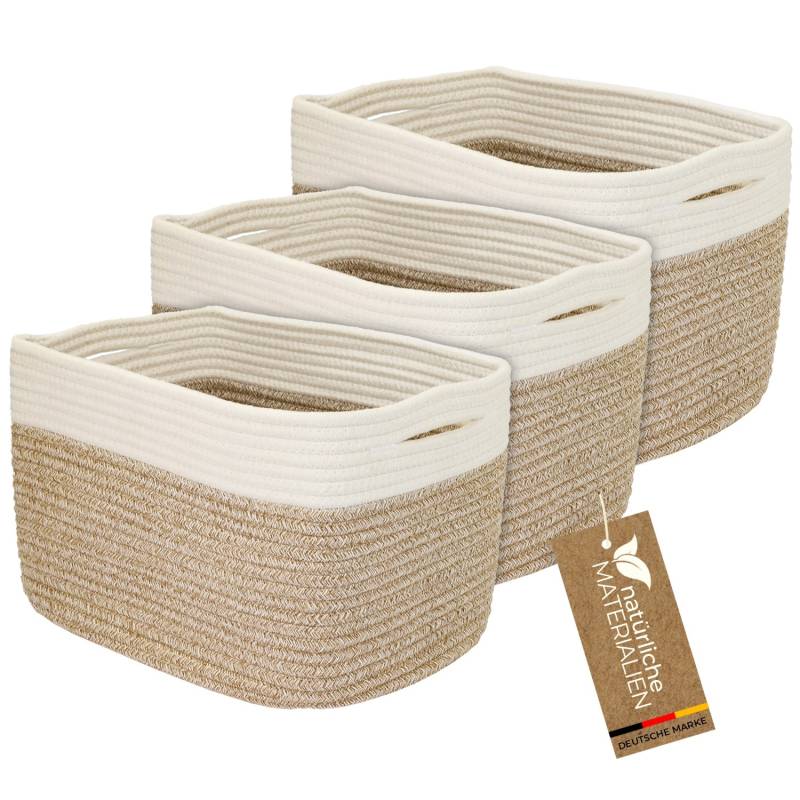 HMF Aufbewahrungskorb Versteckten Griffen 3er Set Korb Baumwolle 37 x 25 x 22 cm Weiß-Braun von HMF