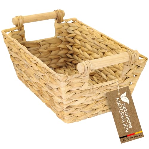 HMF Aufbewahrungskorb mit Holzgriffen, Korb geflochten aus Wasserhyazinthe | lang und eckig | 30 x 20 x 12 cm von HMF