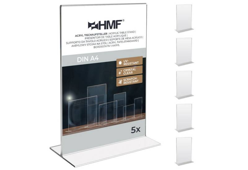 HMF Bilderrahmen Acryl Tischaufsteller DIN A4, Doppelseitiger, für 1 Bilder (5 St), T-Ständer Aufsteller, 5 Stück, Hochformat Glasklar von HMF