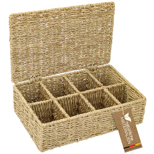 HMF Teebox für Teebeutel geflochten aus Seegras, Tee Aufbewahrungsbox mit 8 großen Fächern | 33 x 21 x 10 cm von HMF
