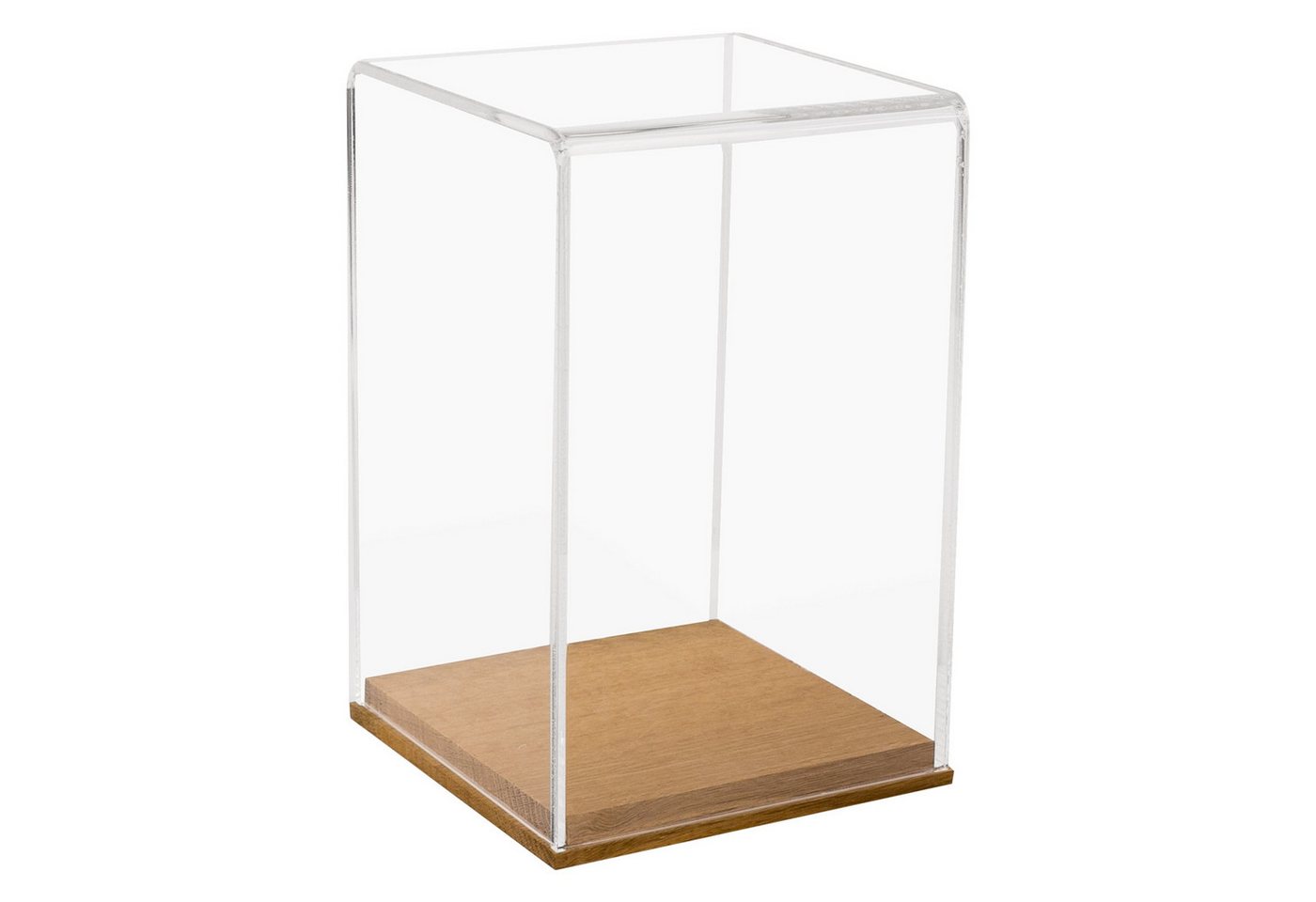 HMF Vitrine elegante Acryl Glasvitrine, transparente Sammlerbox für Sammelstücke Schaukasten aus Acryl mit Holzsockel für Modellautos 14x14x22cm von HMF