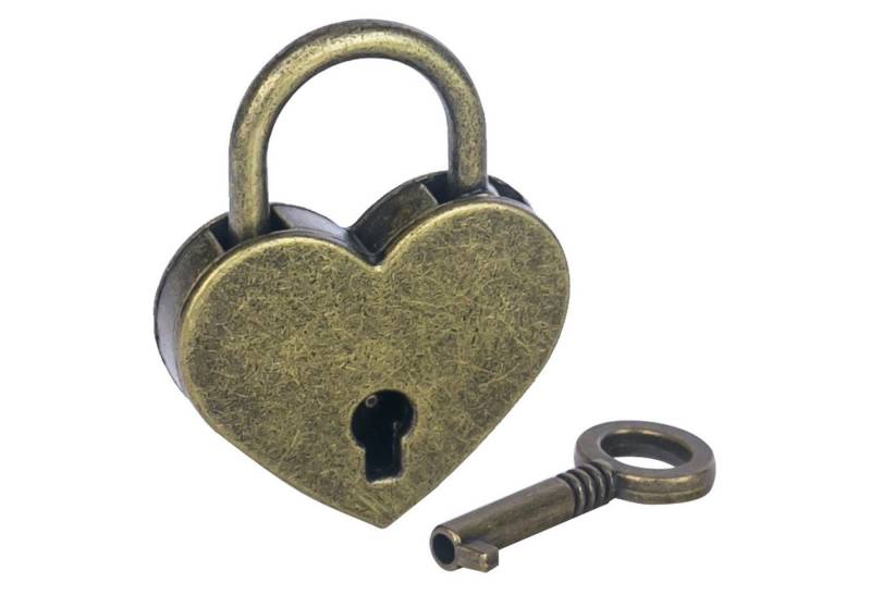 HMF Vorhängeschloss Mini Vintage Deko Vorhängeschloss mit Schlüssel in Herzform, (1-tlg), 3,9 x 3 x 0,7 cm, Deko Herzschloss, Bronze von HMF