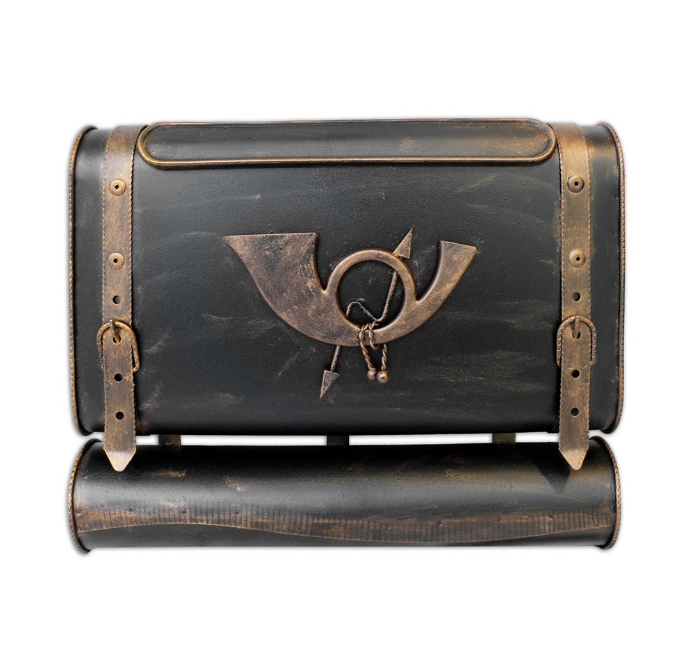 HMF Wandbriefkasten Briefkasten Antik Unikat in Koffer Design mit POSTHORN, mit Zeitungsrolle, 38 x 45 x 10 cm, Gold von HMF