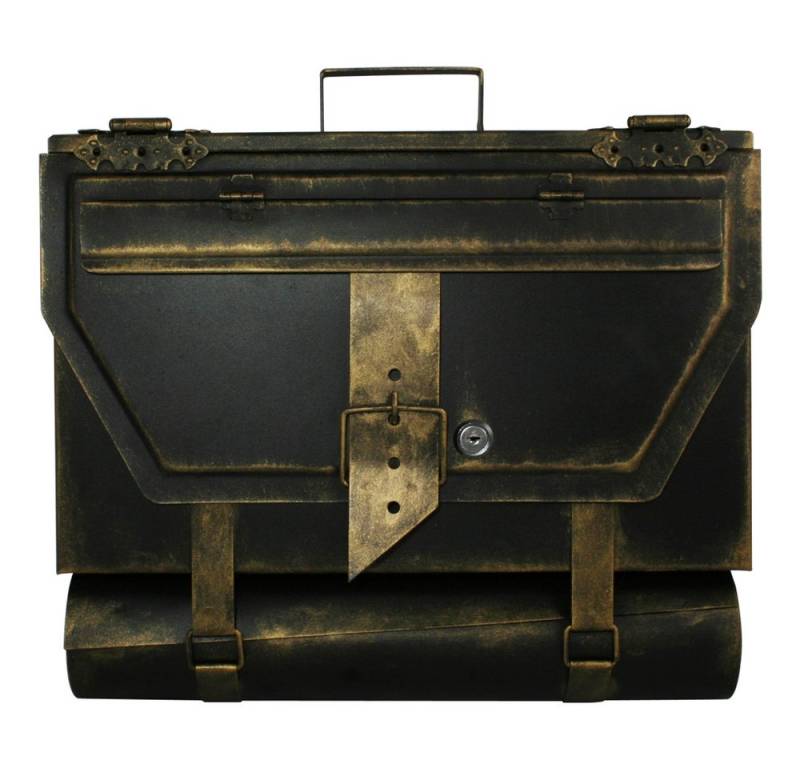 HMF Wandbriefkasten robuster Briefkasten Antik UNIKAT Aktentasche Design, mit Zeitungsrolle, 40 x 25 x 8 cm, Gold-Schwarz von HMF