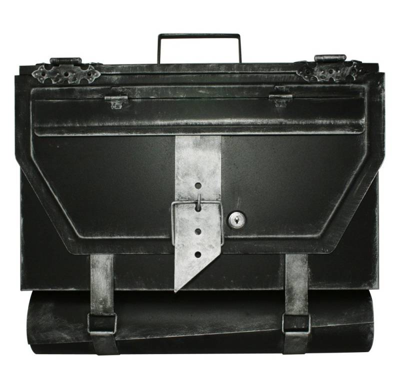 HMF Wandbriefkasten robuster Briefkasten Antik UNIKAT Aktentasche Design, mit Zeitungsrolle, 40 x 25 x 8 cm, Silber-Schwarz von HMF