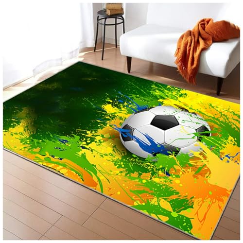 HMGAQNP Fußballplatz Spielteppich, Eisfeuer Fußball Bedruckt Großflächige Teppiche Sport rutschfest Spielteppich 3D Fußball Mit Flammen Bedruckten Teppichen Für Schlafzimmer(C,80x160cm/31x63in) von HMGAQNP