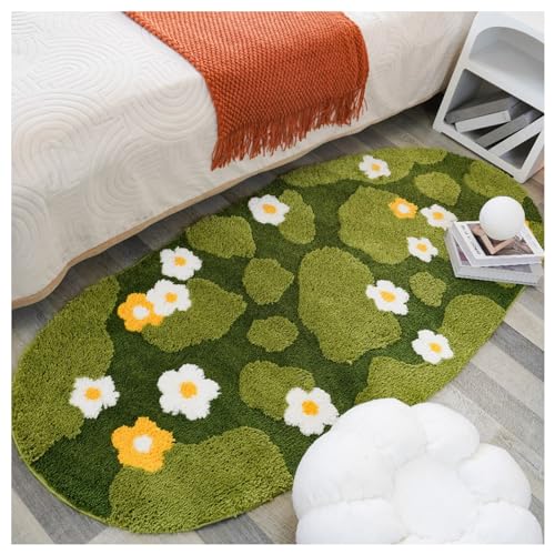 HMGAQNP Grüner Moos Teppich 3D Blumen Moos Teppich Floraler Läufer Teppiche Für Schlafzimmer Nachttisch Zuhause Beflockte Bodenmatte Getufteter Rutschfester Waschbarer Teppich(A,70x160cm/27x63in) von HMGAQNP
