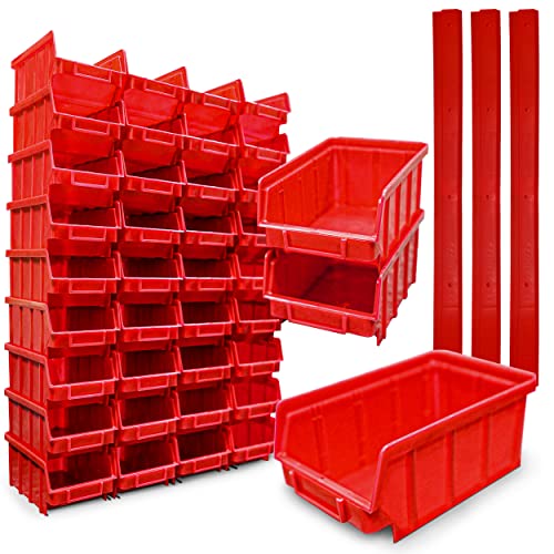40x Stapelboxen Rot Größe 2 + 8 Wandschienen Werkstatt Garage Sichtlagerboxen (LxBxH) 175x103x76mm Wandbefestigung Lagerboxen rote Sichtlagerkästen Stapelbox PP von HMH