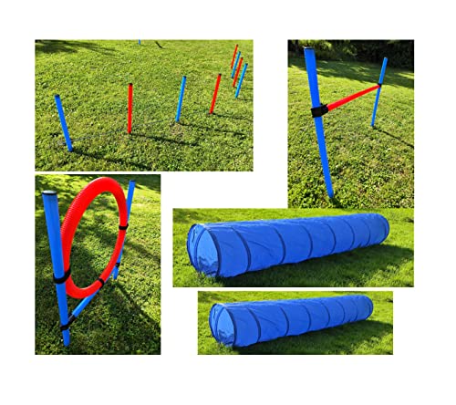 Agility Parcours Set Gr. XL Hundetraining 6 Elemente Dog Activity Hürde Hundesport PopUp 3m + 2m Tunnel Sprungring Reifen Slalom Trainingsstangen Sprungstange Hindernisparcours Hundetunnel von HMH