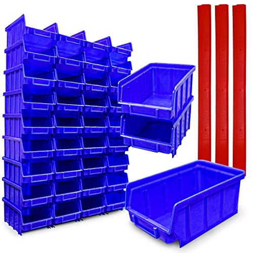 HMH 40x Stapelboxen Blau Größe 2 + 8 Wandschienen Werkstatt Garage Sichtlagerboxen 175x103x76mm Wandbefestigung Lagerboxen Blaue Sichtlagerkästen Stapelbox PP von HMH