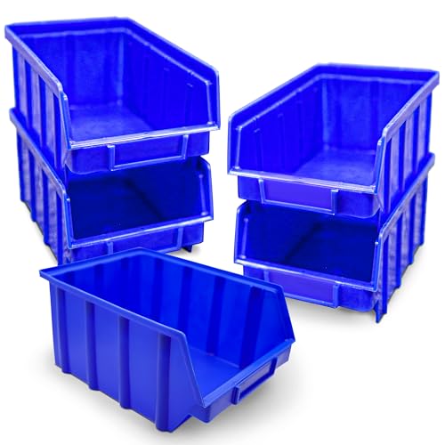 HMH 5x Stapelboxen Blau Größe 4 Werkstatt Garage Keller Sichtlagerboxen (LxBxH) 340x222x157mm Lagerboxen blaue Sichtlagerkästen zur Kleinteile Aufbewahrung von HMH