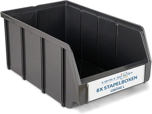 HMH 8x Stapelboxen Größe L Werkstatt Garage Keller Sichtlagerboxen 335x209x152mm Lagerboxen ANTHRAZIT Sichtlagerkästen Kleinteile Aufbewahrung von HMH