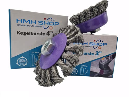 HMH-Shop Drahtbürste Winkelschleifer M14 Topfbürste Ø 75mm Kegelbürste Ø 100mm gezopft (3, Kegelbürste Ø 100mm) von HMH