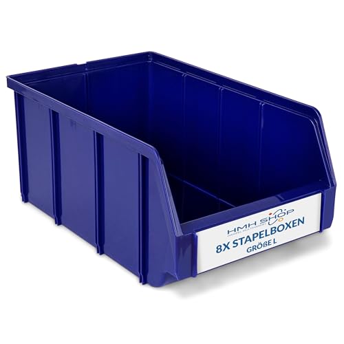 HMH Stapelboxen der Größe L 335x209x152mm für dein Kleinteilelager, Sortierkisten in 5 Farben, Zubehör wie Deckel Trennsteg Beschriftungsfach Wandschiene (Blau, 8 Stück) von HMH