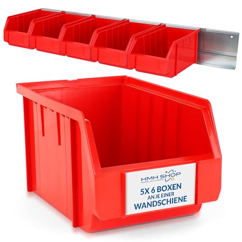 HMH Stapelboxen der Größe M 230x150x130mm für dein Kleinteilelager Sichtlagerkästen in 5 Farben Zubehör wie Deckel Trennsteg Etikett Wandschiene Sortierkisten (6x Rot + Wandschiene, 1 Stück) von HMH