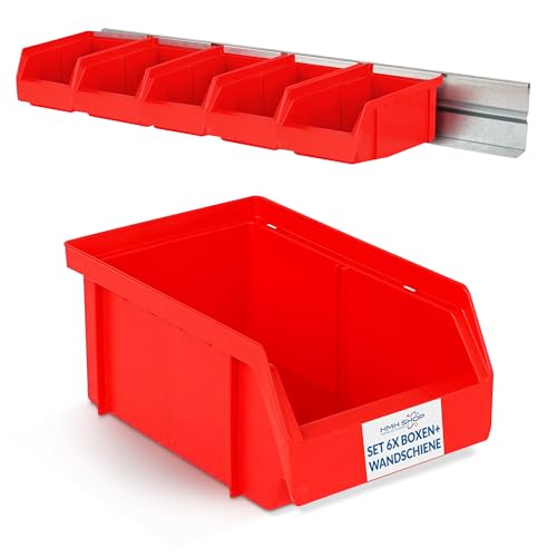 HMH Stapelboxen der Größe S 161x105x75mm für dein Kleinteilelager Sichtlagerkästen in 5 Farben Zubehör wie Deckel Trennsteg Etikett Wandschiene Sortierkisten (6x Rot inkl. Wandschiene, 1 Stück) von HMH