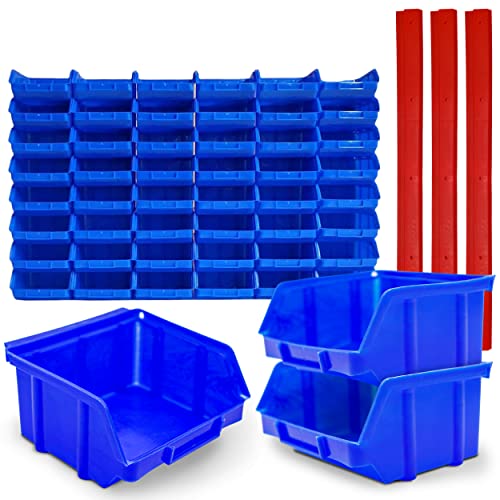 Stapelboxen Größe 1 Werkstatt Garage Sichtlagerboxen (L/B/H) 100x100x52mm mit Wandschienen Wandbefestigung Lagerkisten blau Sichtlagerkästen sortieren PP (48x Gr. 1 + 10 Wandschienen) von HMH