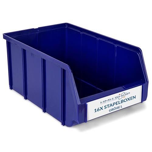 Stapelboxen der Größe L 335x209x152mm für dein Kleinteilelager, Sortierkisten in 5 Farben, Zubehör wie Deckel Trennsteg Beschriftungsfach Wandschiene (Blau, 16 Stück) von HMH