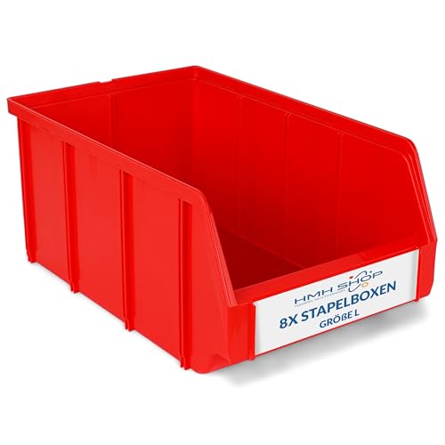 Stapelboxen der Größe L 335x209x152mm für dein Kleinteilelager, Sortierkisten in 5 Farben, Zubehör wie Deckel Trennsteg Beschriftungsfach Wandschiene (Rot, 8 Stück) von HMH