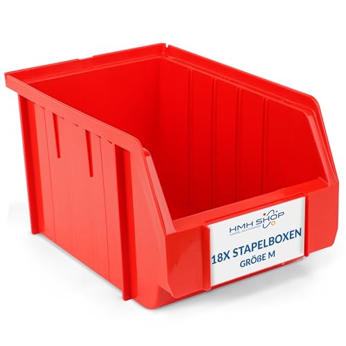 Stapelboxen der Größe M 230x150x130mm für dein Kleinteilelager Sichtlagerkästen in 5 Farben Zubehör wie Deckel Trennsteg Etikett Wandschiene Sortierkisten (Rot, 18 Stück) von HMH