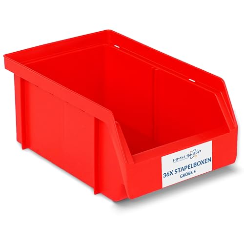 Stapelboxen der Größe S 161x105x75mm für dein Kleinteilelager Sichtlagerkästen in 5 Farben Zubehör wie Deckel Trennsteg Etikett Wandschiene Sortierkisten (Rot, 36 Stück) von HMH