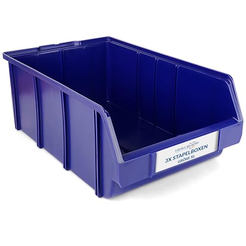 HMH Stapelboxen der Größe XL 489x304x185mm für dein Kleinteilelager, Sortierkisten in 5 Farben, Zubehör wie Deckel Trennsteg Beschriftungsfach Etikett Wandschiene Sichtkästen (Blau, 3 Stück) von HMH