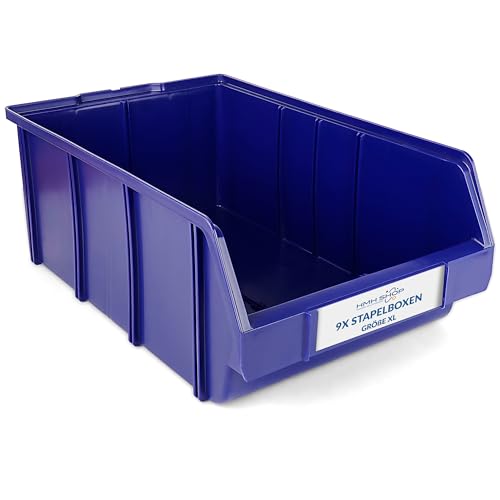 Stapelboxen der Größe XL 489x304x185mm für dein Kleinteilelager, Sortierkisten in 5 Farben, Zubehör wie Deckel Trennsteg Beschriftungsfach Etikett Wandschiene Sichtkästen (Blau, 9 Stück) von HMH