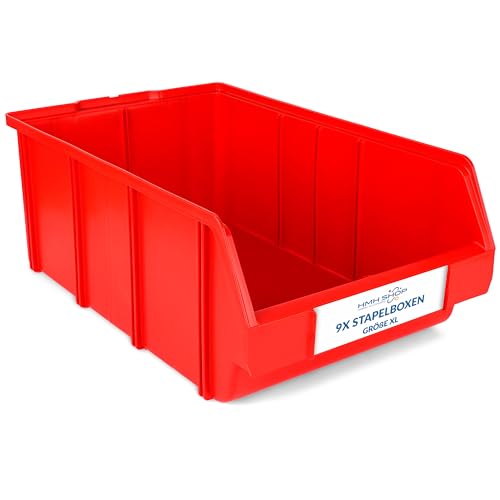 Stapelboxen der Größe XL 489x304x185mm für dein Kleinteilelager, Sortierkisten in 5 Farben, Zubehör wie Deckel Trennsteg Beschriftungsfach Etikett Wandschiene Sichtkästen (Rot, 9 Stück) von HMH