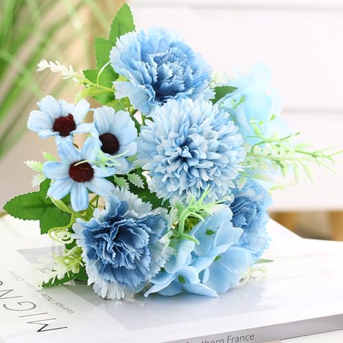 HMIEPRS 2 Bündel Künstliche Blumen, Gefälschte Seide Rose Nelken Gänseblümchen Pfingstrosen Hortensien Strauß Deko, Realistische Blumenarrangements für Haus Hochzeit Draußen Garten Büro (Blau) von HMIEPRS