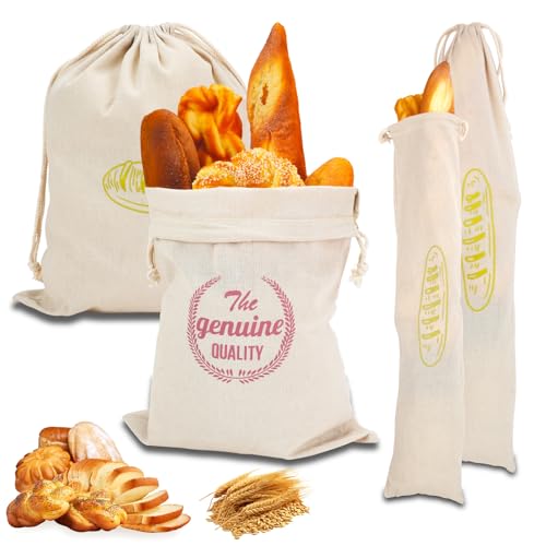 HMIEPRS 4 Stück Brotbeutel Leinen, Brot Aufbewahrung Brotsack und Baguette Tasche mit TPU Innenfutter, Wiederverwendbare Leinenbeutel Kordelzug Brottüten, Frischhalten Brottüte für Brot Obst Gemüse von HMIEPRS