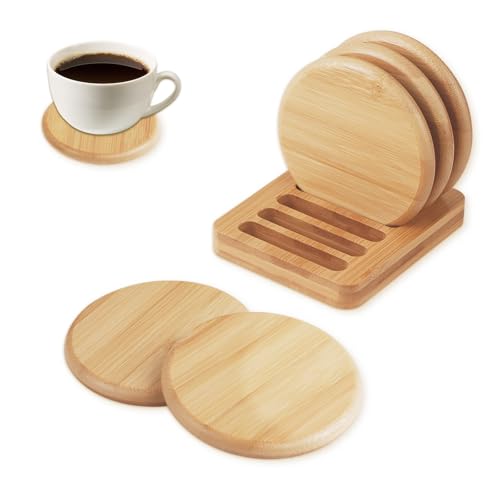 HMIEPRS 6 Stück Untersetzer Holz Set mit Hölzernem Halter, Rutschfestes Rundes Bambus Getränke Untersetzer, Glasuntersetzer Holzuntersetzer Tassenuntersetzer für Trinkbecher Pflanzen Kerzen Töpfe von HMIEPRS