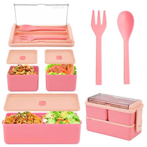 HMIEPRS Brotdose Kinder 1400ml, Bento Box Erwachsene mit 2 Schichten 3 Herausnehmbare Fächern und Löffel Gabel, Mikrowelle Geschirrspüler sicher Lunchbox für Schule Picknick Büro (Rosa) von HMIEPRS