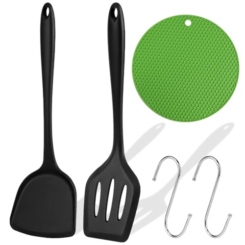 HMIEPRS Pfannenwender Silikon, 5 Stück Küchenutensilien Set mit Silikonmatte und 2 Spatel und 2 Haken, Spülmaschinenfest Antihaft Hitzebeständiger Kochgeschirr Küchenspatel für das Kochen Backen Flip von HMIEPRS