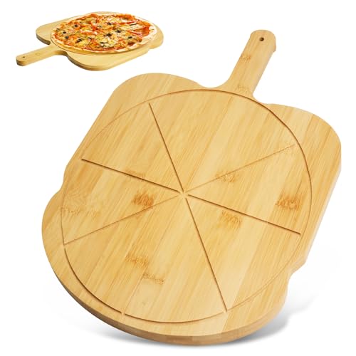 HMIEPRS Pizzaschieber Holz, Pizzaschaufel Pizzabrett aus Bambus mit Griff, Antihaft-Pizza Schneidebrett mit Größenführer, Pizza Schieber Servierplatte für Brot Obst Käse Kuchen Fleisch (35x27 cm) von HMIEPRS
