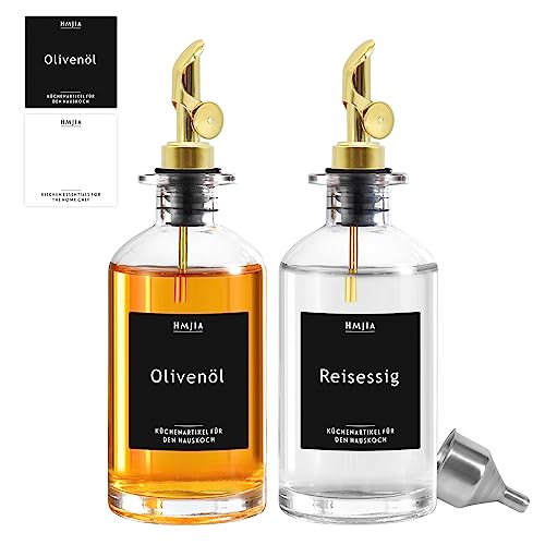 HMJIA Ölflasche und Essig Set für Küche mit Edelstahl Ausgießer 2er-Pack 350ML Olivenöl Flasche Kaffee Sirup Spender mit 96 Aufkleber (350ml - Gold) von HMJIA