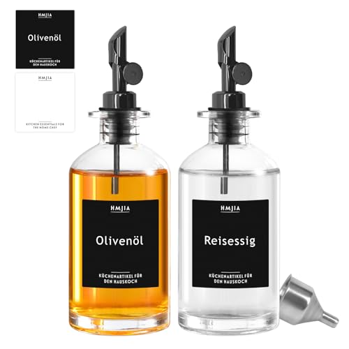 HMJIA Ölflasche und Essig Set für Küche mit Edelstahl Ausgießer 2er-Pack 350ML Olivenöl Flasche Kaffee Sirup Spender mit 96 Aufkleber (350ml - Schwarz) von HMJIA
