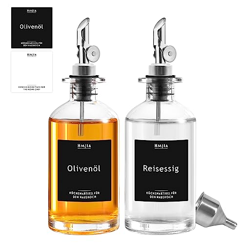 HMJIA Ölflasche und Essig Set für Küche mit Edelstahl Ausgießer 2er-Pack 350ML Olivenöl Flasche Kaffee Sirup Spender mit 96 Aufkleber (350ml - Silber) von HMJIA