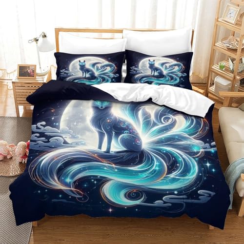 HMLTD Bettwäsche-Set Kitsune 3D Tier Serie Print Musterdesign Mit Reißverschluss,Motiv Tier Dreiteiliger Bettbezug Set Microfaser Single（140x200cm） von HMLTD